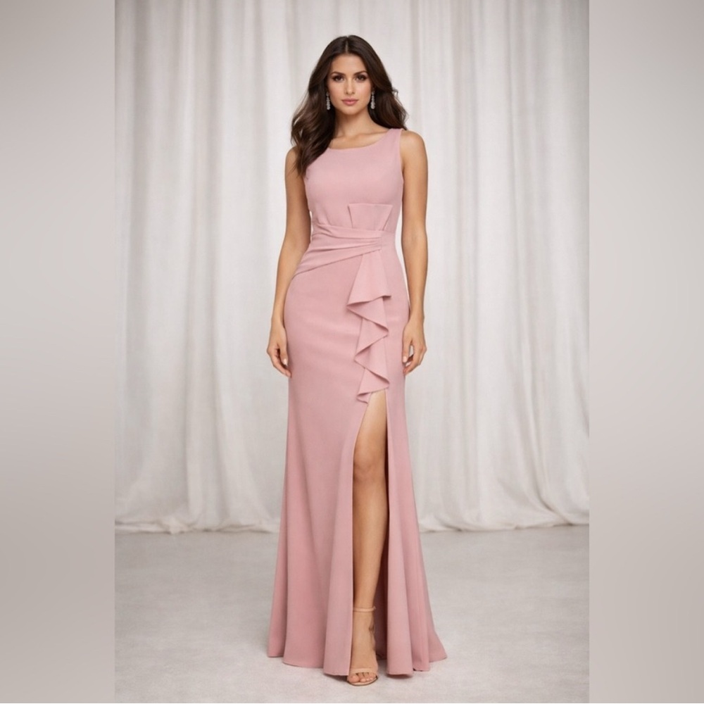 Betsy & Adam Dusty Rose Pink Scuba Crepe Ruffle Slit Formal Gown Maxi NWT SZ 2P